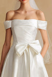 Off The Shoulder White A Line Courthouse Wedding Dress with Bow