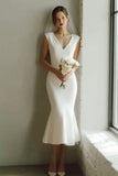 White Mermaid V Neck Midi Courthouse Wedding Dress