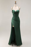 Dark Green Corset Satin Prom Dress With Slit