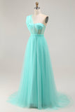 Mint Green A Line One Shoulder Corset Long Prom Dress With Slit
