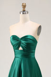Strapless A Line Dark Green Satin Cut-Out Wedding Guest Dress