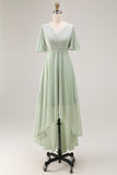 Sage Green A Line Pleated High Low Bridesmaid Dress with Short Sleeves