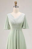 Sage Green A Line Pleated High Low Bridesmaid Dress with Short Sleeves