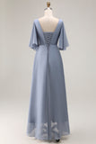 Dusty Blue A Line Half Sleeves Ruched Choir Dress with Lace Up Back