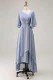 Dusty Blue A Line Half Sleeves Ruched Choir Dress with Lace Up Back