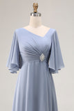 Dusty Blue A Line Half Sleeves Ruched Choir Dress with Lace Up Back