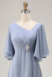 Dusty Blue A Line Half Sleeves Ruched Choir Dress with Lace Up Back