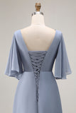 Dusty Blue A Line Half Sleeves Ruched Choir Dress with Lace Up Back