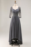 Steel Grey Appliqued A Line Pleated Beaded Mother Of The Bride Dress with Half Sleeves