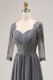 Steel Grey Appliqued A Line Pleated Beaded Mother Of The Bride Dress with Half Sleeves