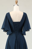 Navy A Line V Neck Long Choir Dress with Embroidery