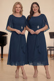Navy A Line Ruched Chiffon Midi Choir Dress with Beading