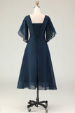 Navy A Line Ruched Chiffon Midi Choir Dress with Beading