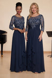 Navy A Line Appliqued Boat Neck Long Choir Dress with 3/4 Sleeves