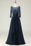 Navy A Line Appliqued Boat Neck Long Choir Dress with 3/4 Sleeves