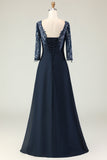 Navy Appliqued A Line Long Mother of the Bride Dress with Sleeves