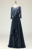 Navy A Line Appliqued Boat Neck Long Choir Dress with 3/4 Sleeves