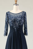 Navy A Line Appliqued Boat Neck Long Choir Dress with 3/4 Sleeves