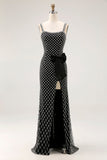 Black Beaded Mermaid Spaghetti Straps Rhinestone Side Bow Long Prom Dress with Slit