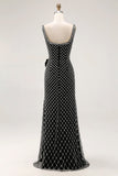 Black Mermaid Beaded Spaghetti Straps Rhinestone Side Bow Long Prom Dress with Slit