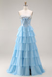 Blue Strapless Corset A-Line Tiered Ruffled Long Prom Dress with Slit