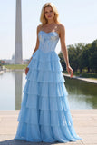 Blue Strapless Corset A-Line Tiered Ruffled Long Prom Dress with Slit