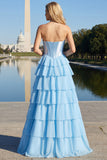 Blue Strapless Corset A-Line Tiered Ruffled Long Prom Dress with Slit