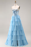 Pink Strapless A-Line Tiered Corset Sequin Long Prom Dress with Slit