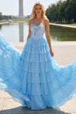 Pink Strapless A-Line Tiered Corset Sequin Long Prom Dress with Slit
