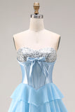 Blue Strapless Corset A-Line Tiered Ruffled Long Prom Dress with Slit