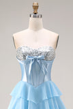 Pink Strapless A-Line Tiered Corset Sequin Long Prom Dress with Slit