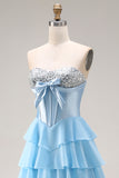 Pink Strapless A-Line Tiered Corset Sequin Long Prom Dress with Slit