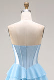 Pink Strapless A-Line Tiered Corset Sequin Long Prom Dress with Slit