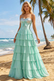 Pink Strapless A-Line Tiered Corset Sequin Long Prom Dress with Slit