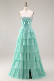 Pink Strapless A-Line Tiered Corset Sequin Long Prom Dress with Slit