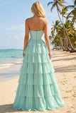 Blue Strapless Corset A-Line Tiered Ruffled Long Prom Dress with Slit