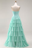 Pink Strapless A-Line Tiered Corset Sequin Long Prom Dress with Slit
