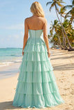Pink Strapless A-Line Tiered Corset Sequin Long Prom Dress with Slit