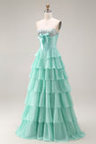 Pink Strapless A-Line Tiered Corset Sequin Long Prom Dress with Slit