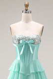 Pink Strapless A-Line Tiered Corset Sequin Long Prom Dress with Slit