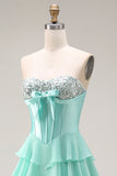 Pink Strapless A-Line Tiered Corset Sequin Long Prom Dress with Slit