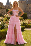 Pink Strapless A-Line Tiered Corset Sequin Long Prom Dress with Slit
