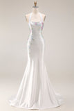 White Beaded Halter Mermaid Satin Long Prom Dress