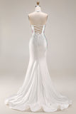 White Beaded Halter Mermaid Satin Long Prom Dress