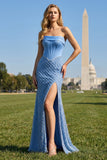 Blue Strapless Corset Beaded Pearls Mermaid Long Prom Dress with Slit