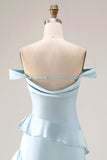 Light Blue Off The Shoulder Ruffled Mermaid Satin Long Bridesmaid Dress with Slit