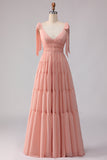 Blush A Line Bow Straps Ruched Open Back Chiffon Long Bridesmaid Dress