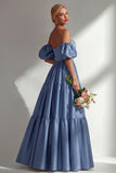 Steel Blue Off The Shoulder Satin A-Line Long Prom Dress with Removable Sleeves
