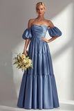 Steel Blue Off The Shoulder Satin A-Line Long Prom Dress with Removable Sleeves
