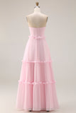 Blushing Pink A Line Strapless Chiffon Long Bridesmaid Dress with Slit